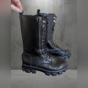Ardene Black Lace-Up Moto Combat Boots with Side Zip